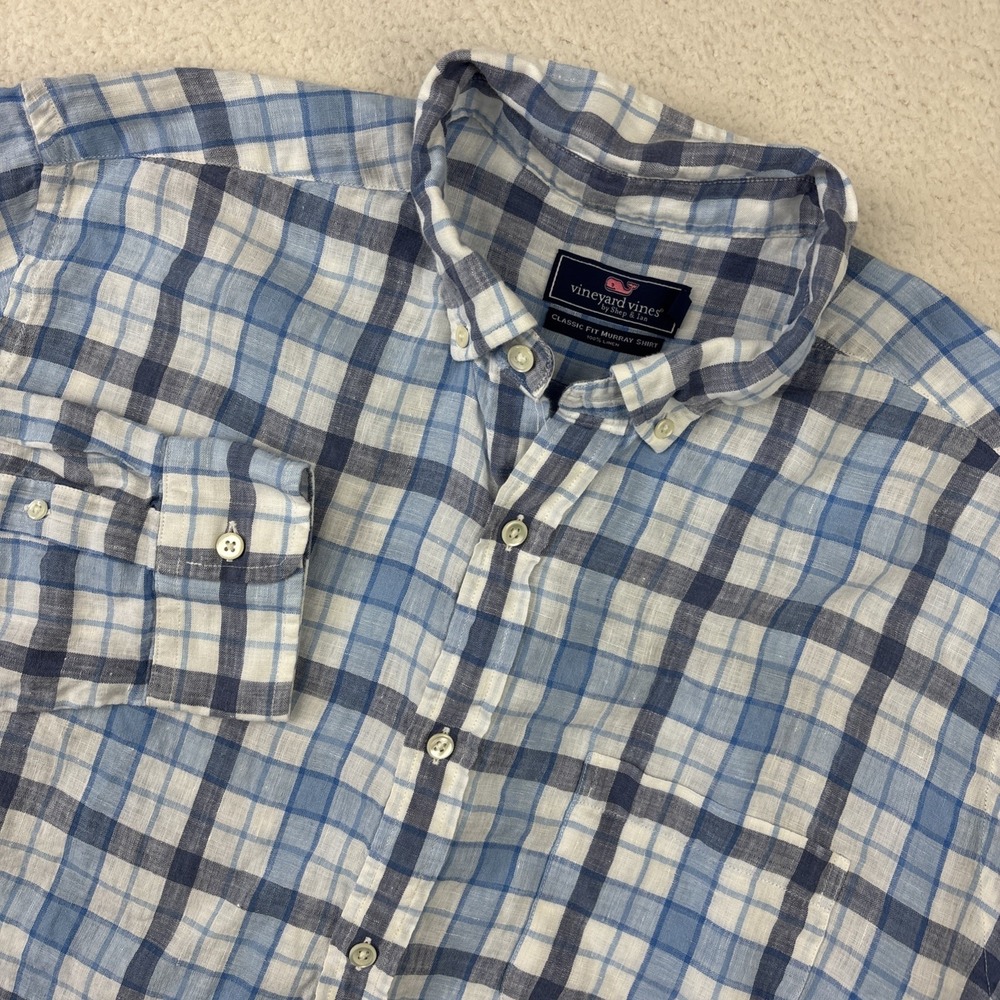 VINEYARD VINES Mens 100% Linen Long Sleeve Shirt XL Blue Plaid Button-Down Prep